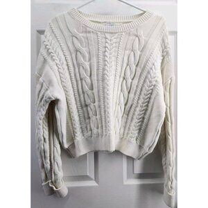 Nicole Miller White Cropped Cable Knit Sweater Cuffed Wrists XL
